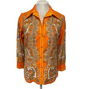 Vintage 1970s Orange Paisley & Floral Button-Up Blouse With Pointed Collar